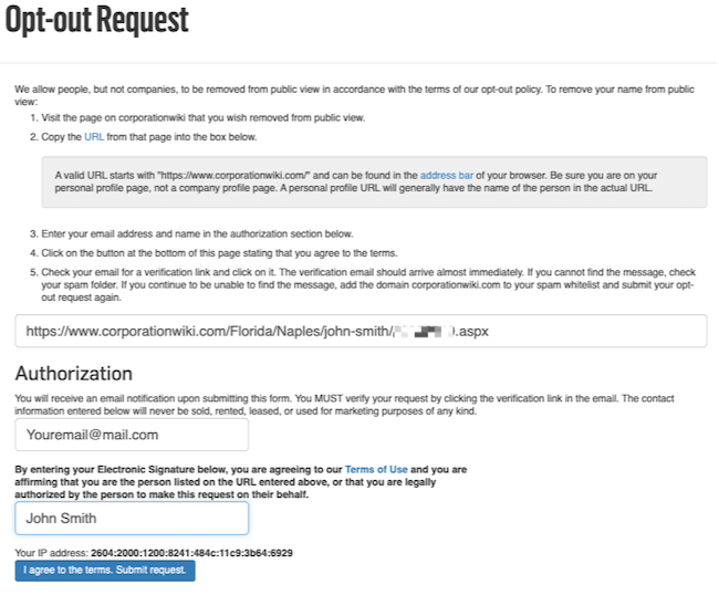 corporationwiki completed opt out form