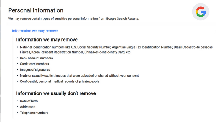 personal information that you can get removed from google search results